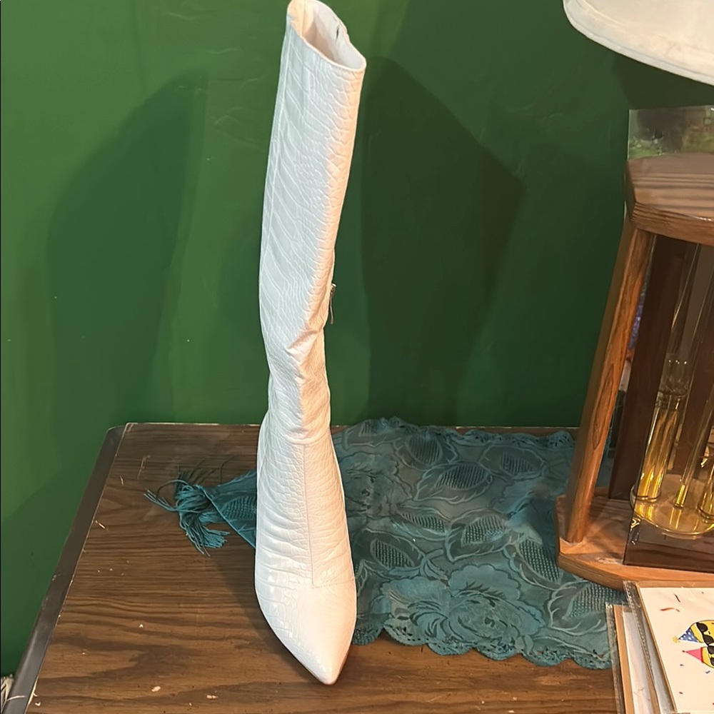 White Croc-Embossed Knee-High Boots